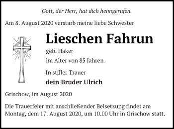 Traueranzeige von Lieschen Fahrzen von Neubrandenburger Zeitung