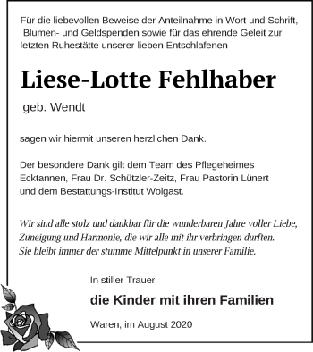 Traueranzeige von Liese-Lotte Fehlhaber von Müritz-Zeitung