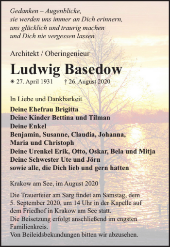 Traueranzeige von Ludwig Basedow von Güstrower Tageblatt