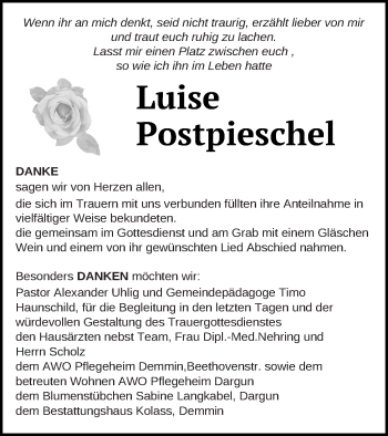 Traueranzeige von Luise Postpieschel von Mecklenburger Schweiz