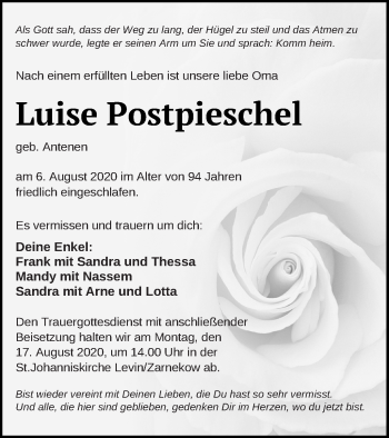 Traueranzeige von Luise Postpieschel von Mecklenburger Schweiz