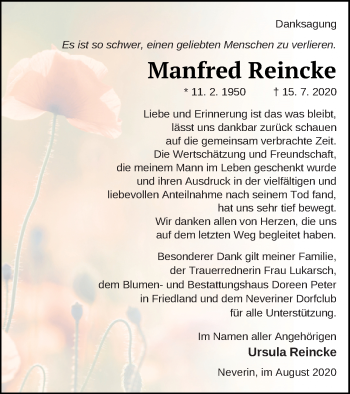 Traueranzeige von Manfred Reincke von Neubrandenburger Zeitung