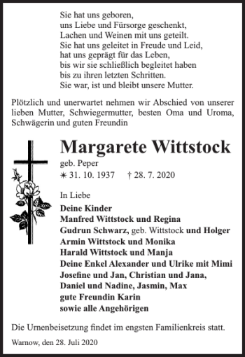 Traueranzeige von Margarete Wittstock von Bützower Zeitung