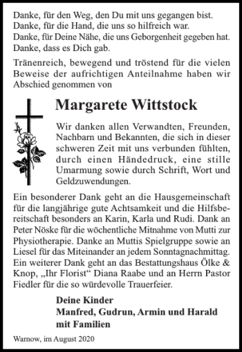 Traueranzeige von Margarete Wittstock von Bützower Zeitung