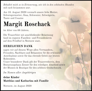 Traueranzeige von Margit Roschack von Vorpommern Kurier