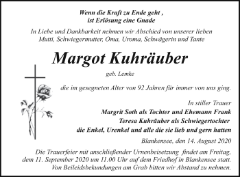 Traueranzeige von Margot Kuhräuber von Pasewalker Zeitung