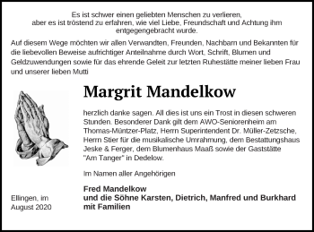 Traueranzeige von Margrit Mandelkow von Prenzlauer Zeitung