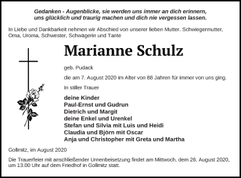 Traueranzeige von Marianne Schulz von Prenzlauer Zeitung