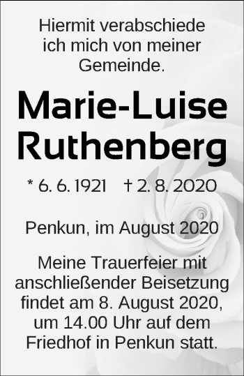 Traueranzeige von Marie-Luise Ruthenberg von Pasewalker Zeitung