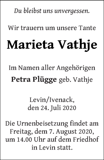 Traueranzeige von Marieta Vathje von Mecklenburger Schweiz