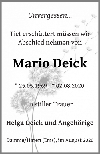 Traueranzeige von Mario Deick von Prenzlauer Zeitung