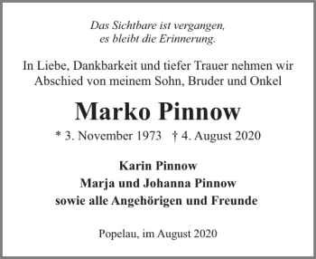 Traueranzeige von Marko Pinnow von Hagenower Kreisblatt