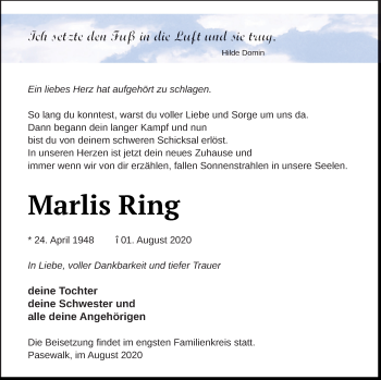 Traueranzeige von Marlis Ring von Pasewalker Zeitung