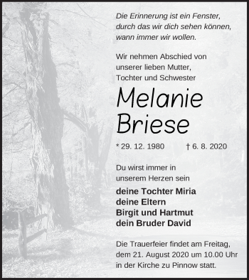 Traueranzeige von Melanie Briese von Neubrandenburger Zeitung