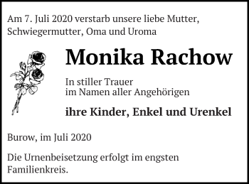 Traueranzeige von Monika Rachow von Neubrandenburger Zeitung