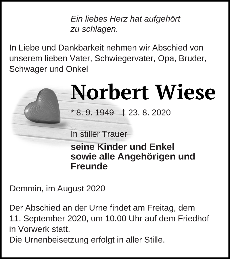  Traueranzeige für Norbert Wiese vom 27.08.2020 aus Demminer Zeitung