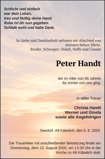 Traueranzeige von Peter Handt von Strelitzer Zeitung