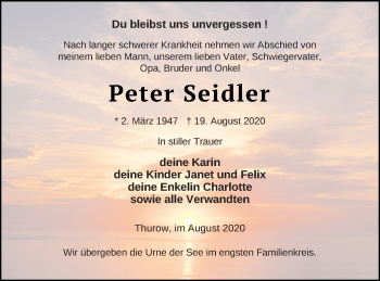 Traueranzeige von Peter Seidler von Vorpommern Kurier