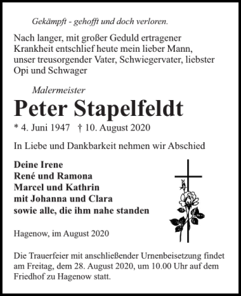 Traueranzeige von Peter Stapelfeldt von Hagenower Kreisblatt