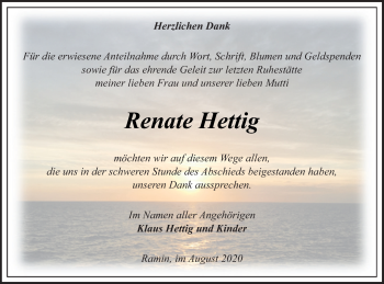 Traueranzeige von Renate Hettig von Pasewalker Zeitung