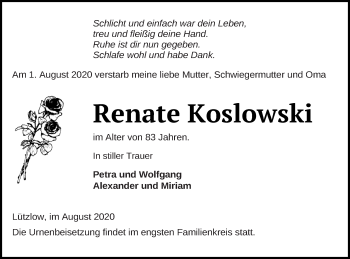 Traueranzeige von Renate Koslowski von Prenzlauer Zeitung