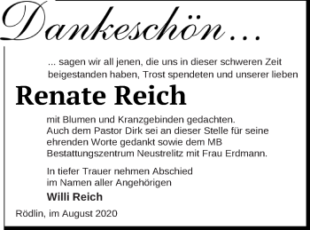 Traueranzeige von Renate Reich von Strelitzer Zeitung