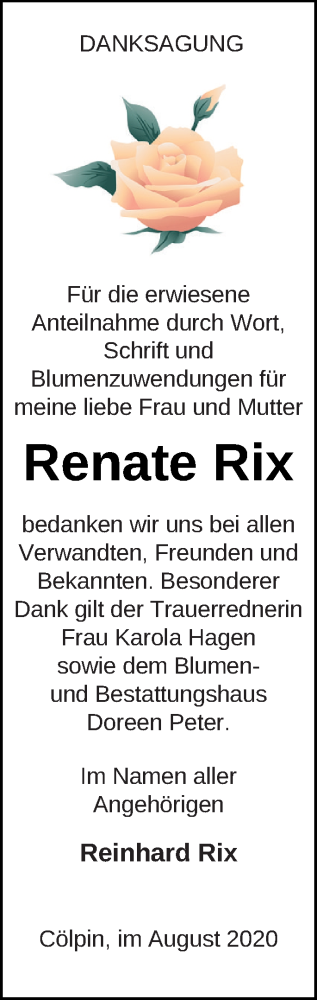 Traueranzeige von Renate Rix von Neubrandenburger Zeitung