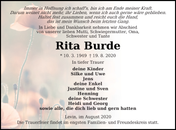 Traueranzeige von Rita Burde von Mecklenburger Schweiz