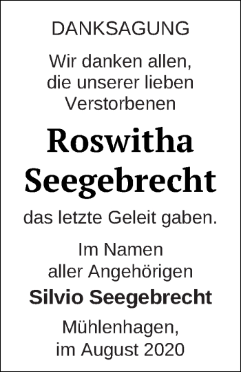 Traueranzeige von Roswitha Seegebrecht von Neubrandenburger Zeitung