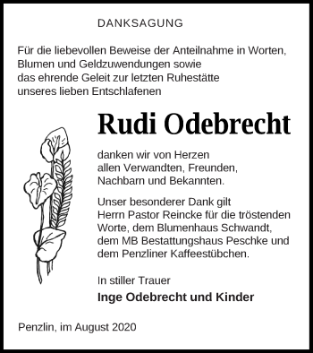 Traueranzeige von Rudi Odebrecht von Müritz-Zeitung