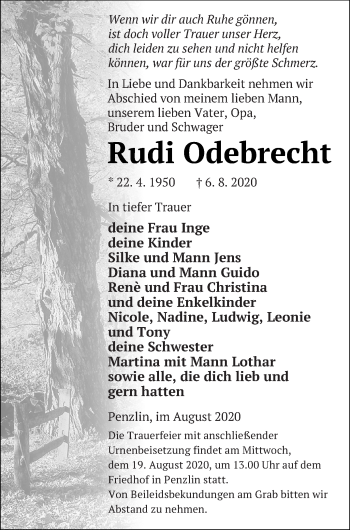 Traueranzeige von Rudi Odebrecht von Müritz-Zeitung