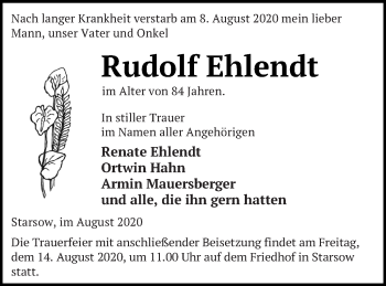 Traueranzeige von Rudolf Ehlendt von Strelitzer Zeitung