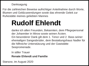 Traueranzeige von Rudolf Ehlendt von Strelitzer Zeitung