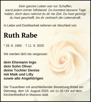 Traueranzeige von Ruth Rabe von Müritz-Zeitung