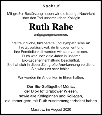 Traueranzeige von Ruth Rabe von Müritz-Zeitung