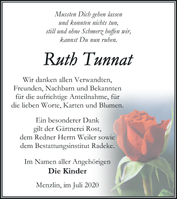 Traueranzeige von Ruth Tunnat von Vorpommern Kurier