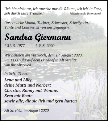 Traueranzeige von Sandra Giermann von Strelitzer Zeitung