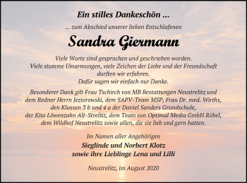 Traueranzeige von Sandra Giermann von Strelitzer Zeitung