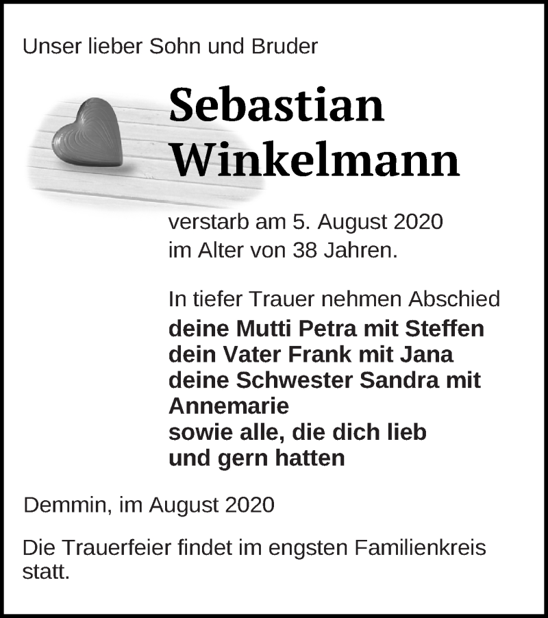  Traueranzeige für Sebastian Winkelmann vom 12.08.2020 aus Demminer Zeitung