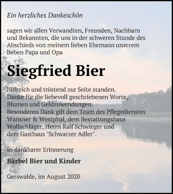 Traueranzeige von Siegfried Bier von Templiner Zeitung