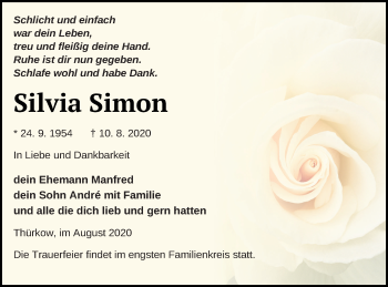 Traueranzeige von Silvia Simon von Mecklenburger Schweiz