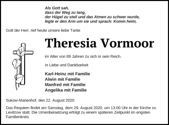 Traueranzeige von Theresia Vormoor von Mecklenburger Schweiz