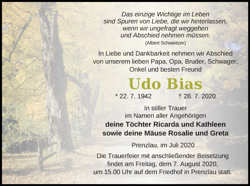  Traueranzeige für Udo Bias vom 01.08.2020 aus Prenzlauer Zeitung