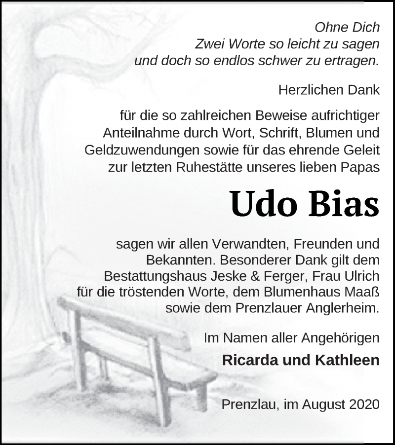  Traueranzeige für Udo Bias vom 14.08.2020 aus Prenzlauer Zeitung