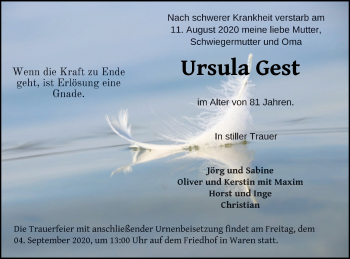 Traueranzeige von Ursula Gest von Müritz-Zeitung