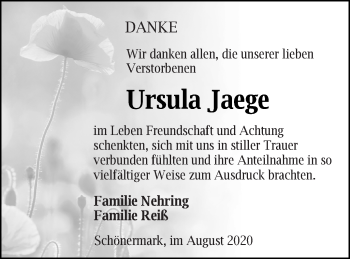 Traueranzeige von Ursula Jaege von Prenzlauer Zeitung