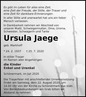 Traueranzeige von Ursula Jaege von Prenzlauer Zeitung