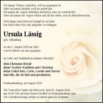 Traueranzeige von Ursula Lässig von Neubrandenburger Zeitung