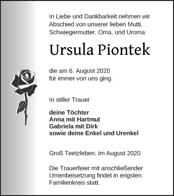 Traueranzeige von Ursula Piontek von Neubrandenburger Zeitung