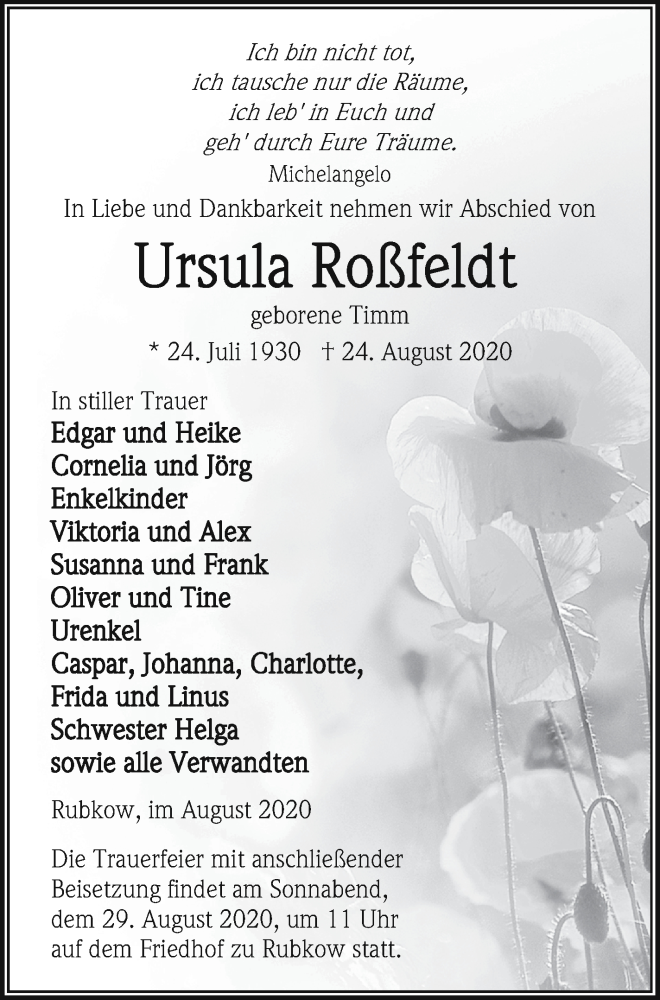  Traueranzeige für Ursula Roßfeldt vom 26.08.2020 aus Vorpommern Kurier